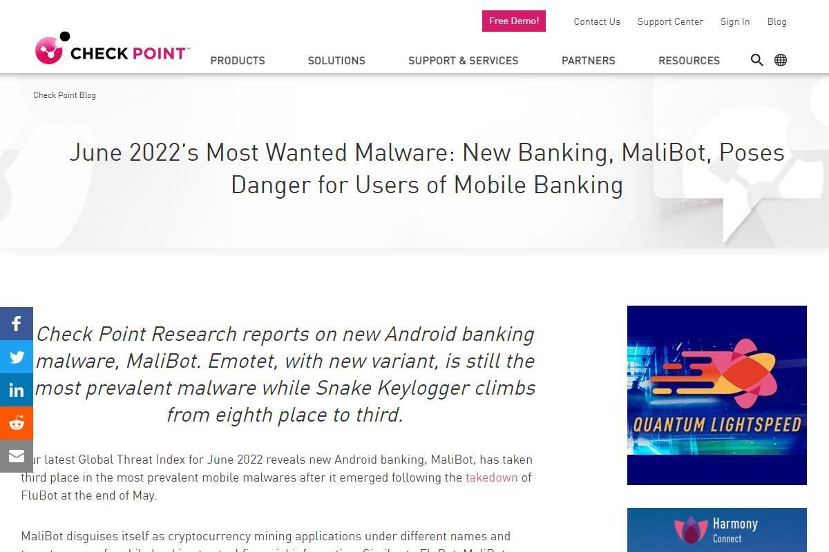 June 2022’s Most Wanted Malware: New Banking、MaliBot、Poses Danger for Users of Mobile Banking - Check Point Software