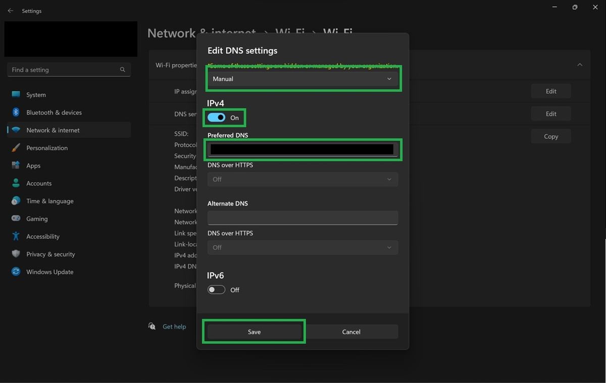 DNS over TLSの設定。任意のDoTサーバーのIPアドレスを手動入力することで使用できる（引用: Windows Networking Blog）