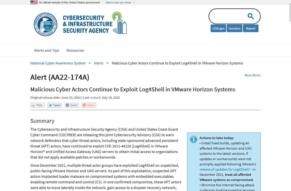 Malicious Cyber Actors Continue to Exploit Log4Shell in VMware Horizon Systems｜CISA