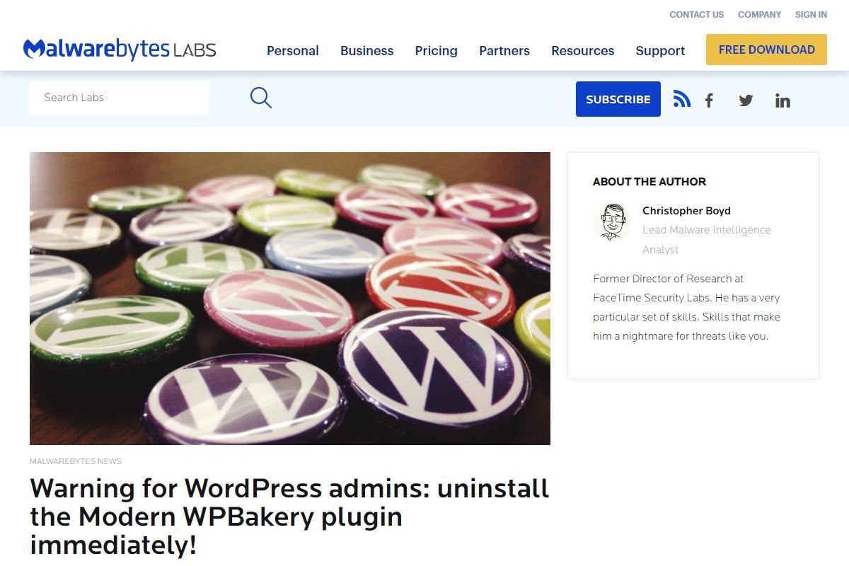 Warning for Wordpress admins: uninstall the Modern WPBakery plugin immediately!｜Malwarebytes Labs