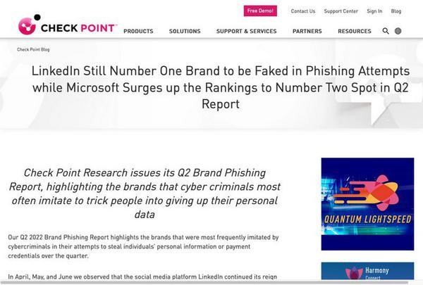 LinkedIn Still Number One Brand to be Faked in Phishing Attempts while Microsoft Surges up the Rankings to Number Two Spot in Q2 Report - Check Point Software