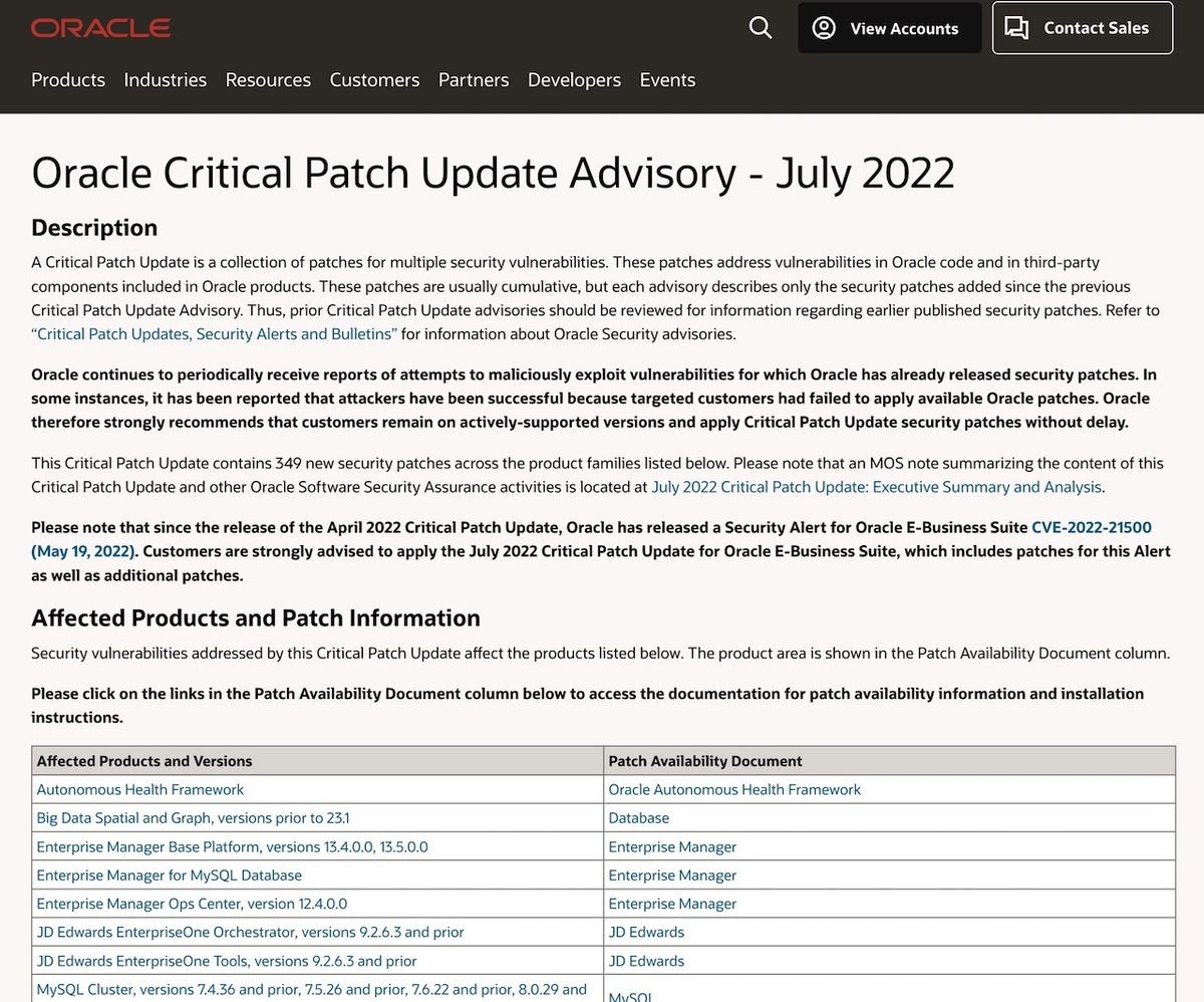 Oracle Critical Patch Update Advisory - July 2022