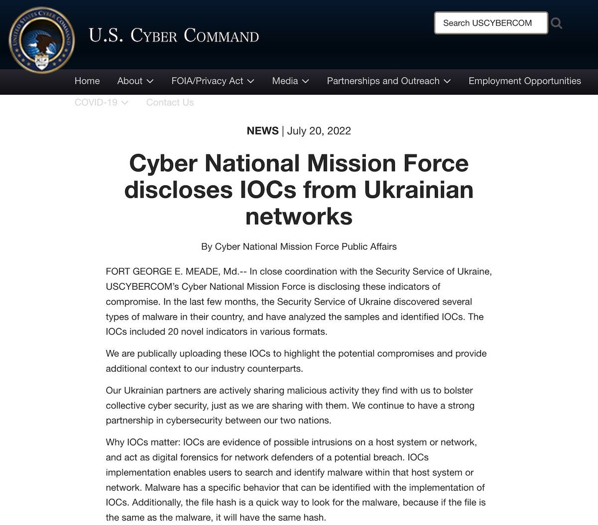 Cyber National Mission Force discloses IOCs from Ukrainian networks