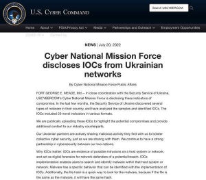 米サイバー軍、ウクライナで確認されたマルウェアの侵入の痕跡リスト公開