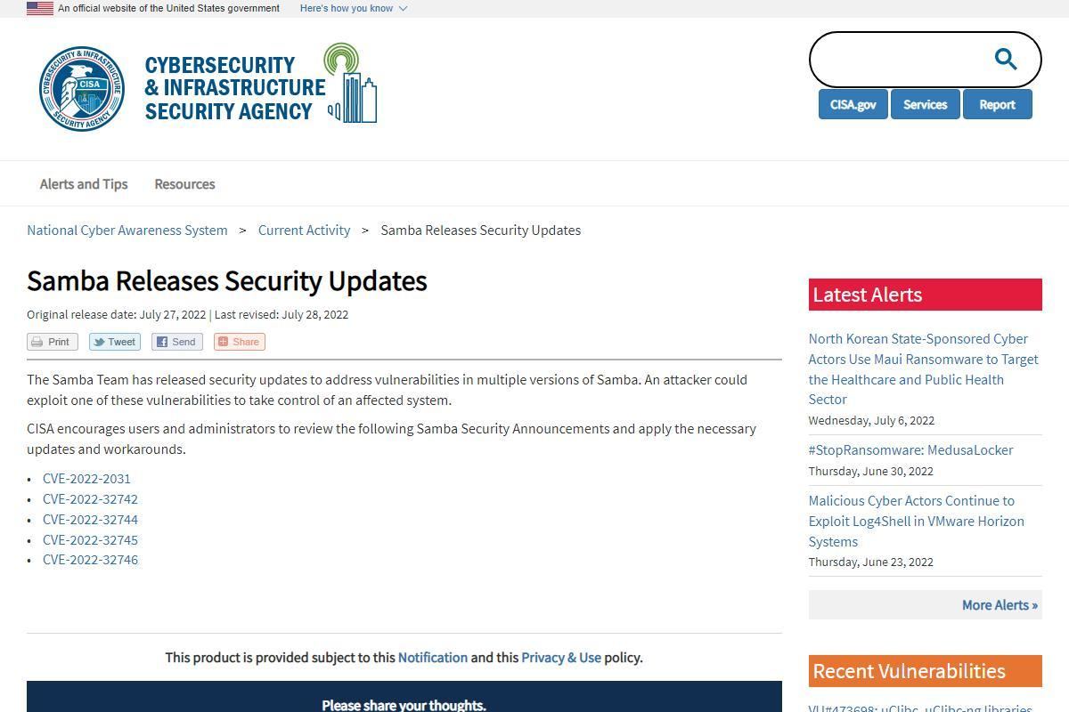 Samba Releases Security Updates｜CISA