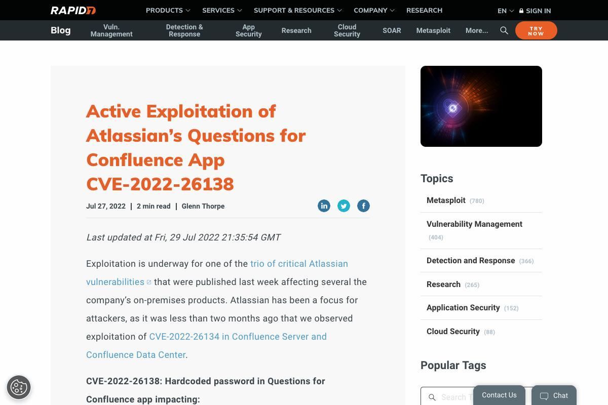 Active Exploitation of Atlassian’s Questions for Confluence App CVE-2022-26138｜Rapid7 Blog