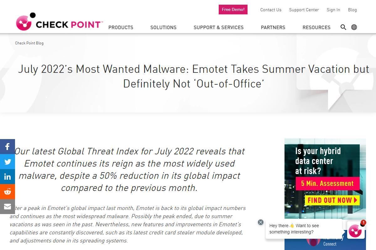 July 2022’s Most Wanted Malware: Emotet Takes Summer Vacation but Definitely Not ‘Out-of-Office’ - Check Point Software