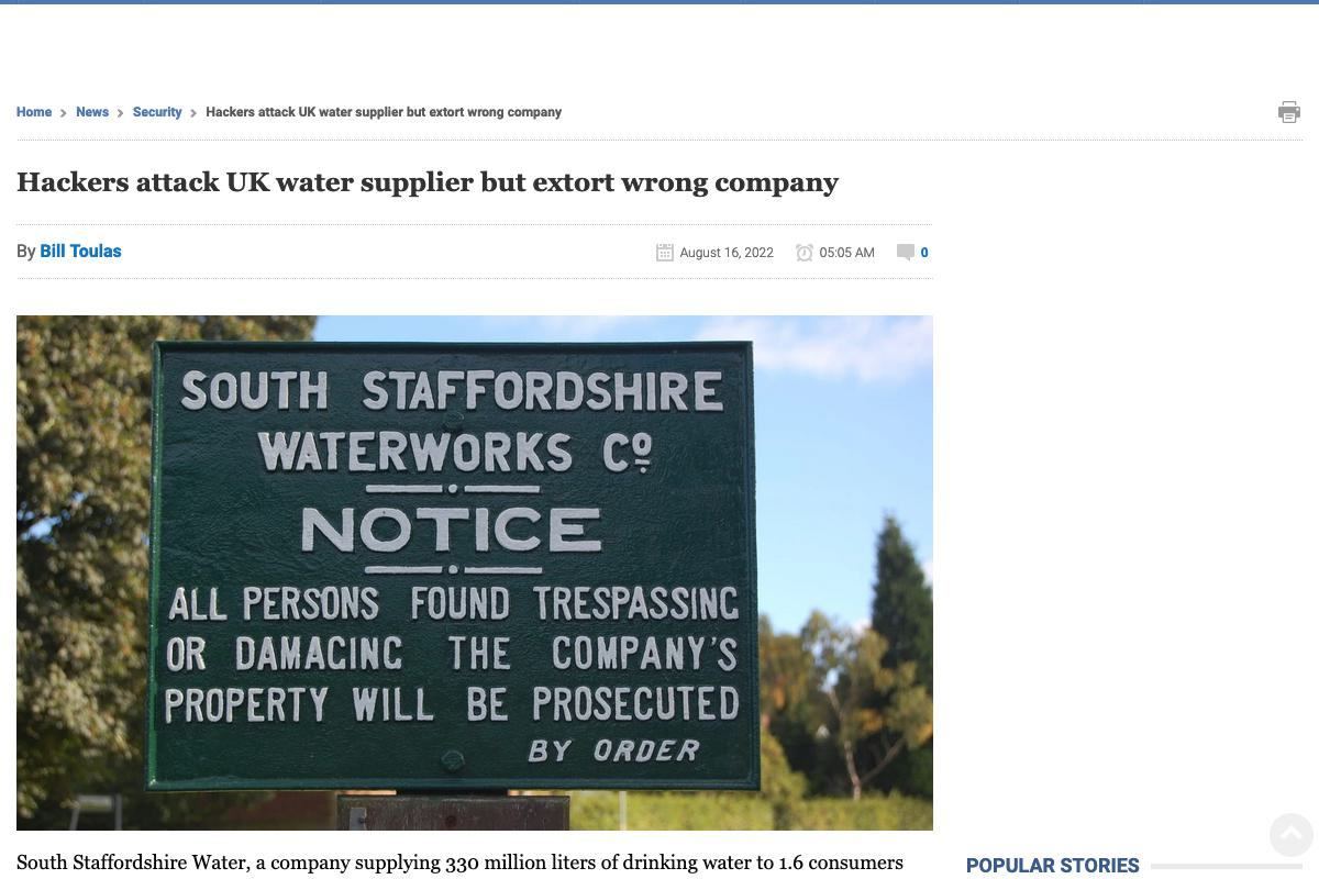 Hackers attack UK water supplier but extort wrong company