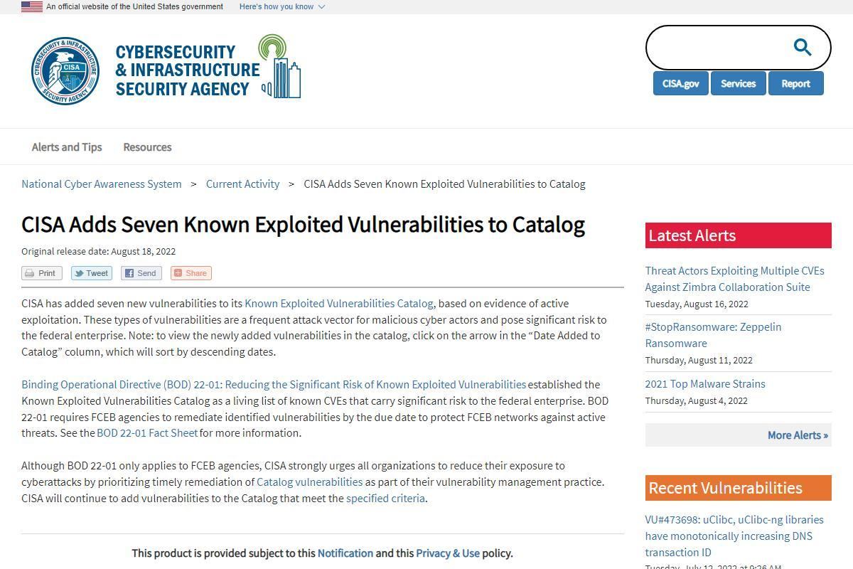 CISA Adds Seven Known Exploited Vulnerabilities to Catalog｜CISA