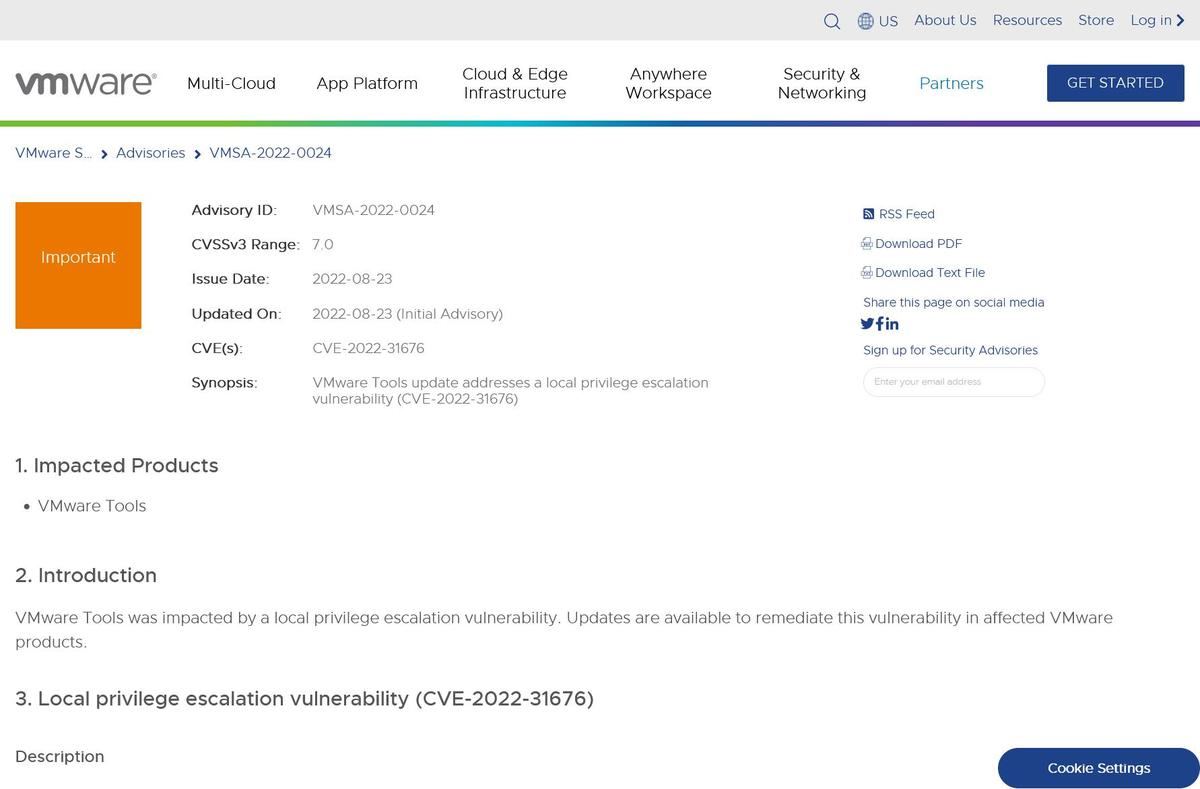 VMSA-2022-0024 - VMware Tools update addresses a local privilege escalation vulnerability (CVE-2022-31676)