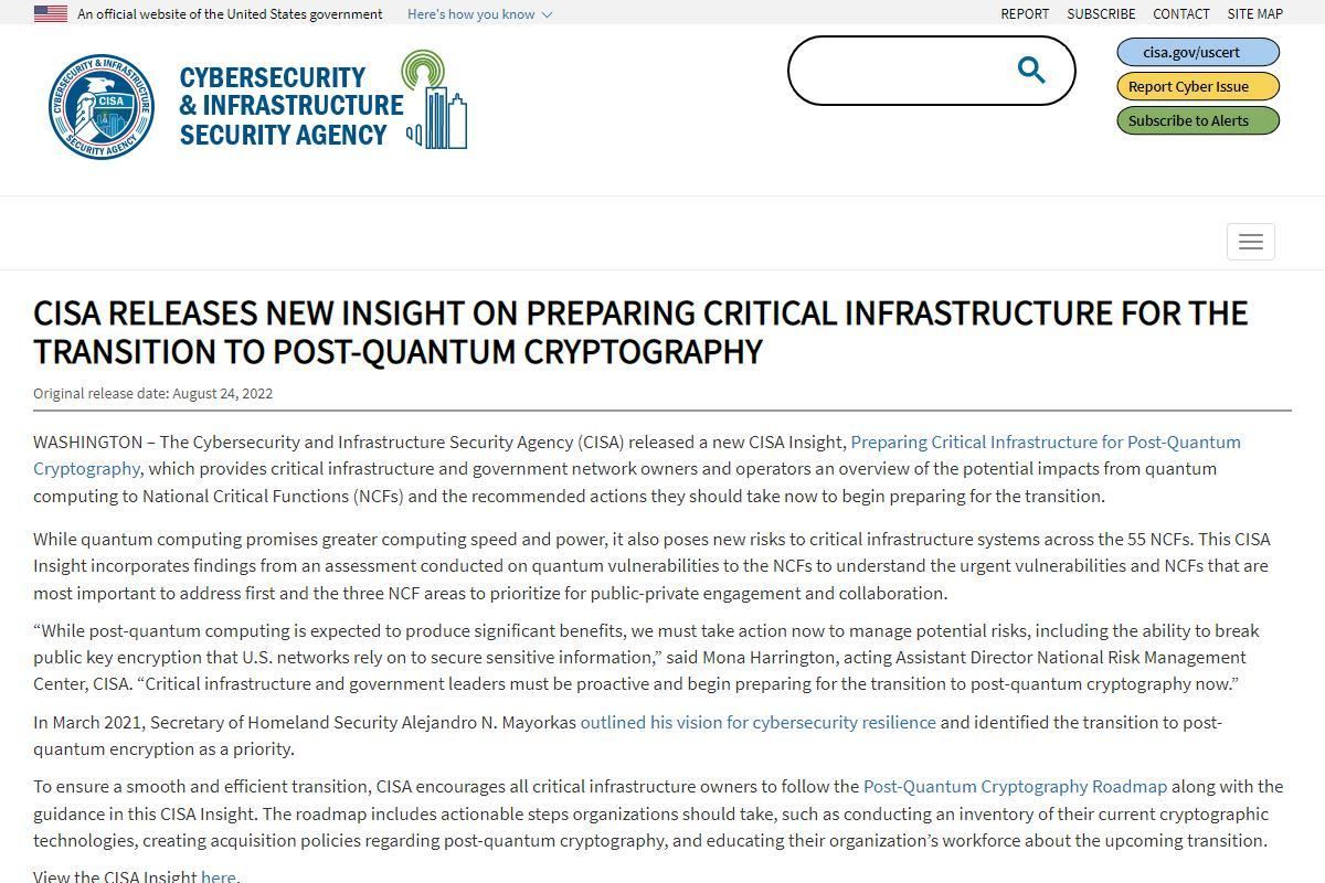 CISA Releases New Insight on Preparing Critical Infrastructure for the Transition to Post-Quantum Cryptography｜CISA