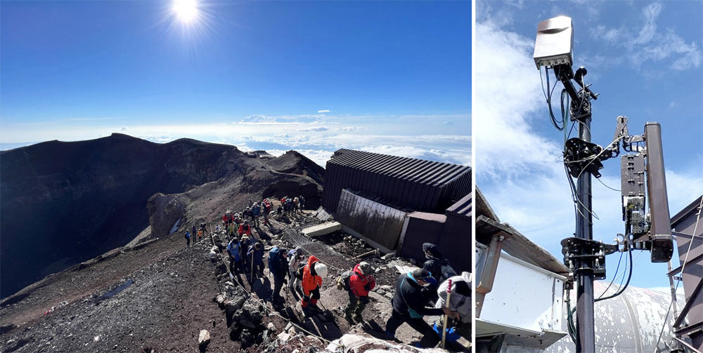 （写真左）富士山頂　（写真右）楽天モバイルの基地局