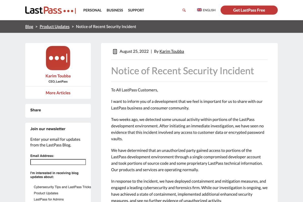 Notice of Recent Security Incident - The LastPass Blog