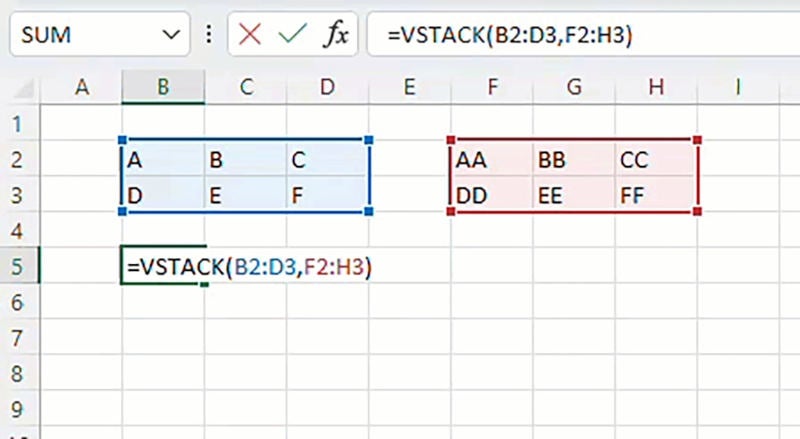 図は配列を垂直にスタックする「VSTACK」と配列を水平方向にスタックする「HSTACK」のデモンストレーション(画像はすべて公式ブログより)