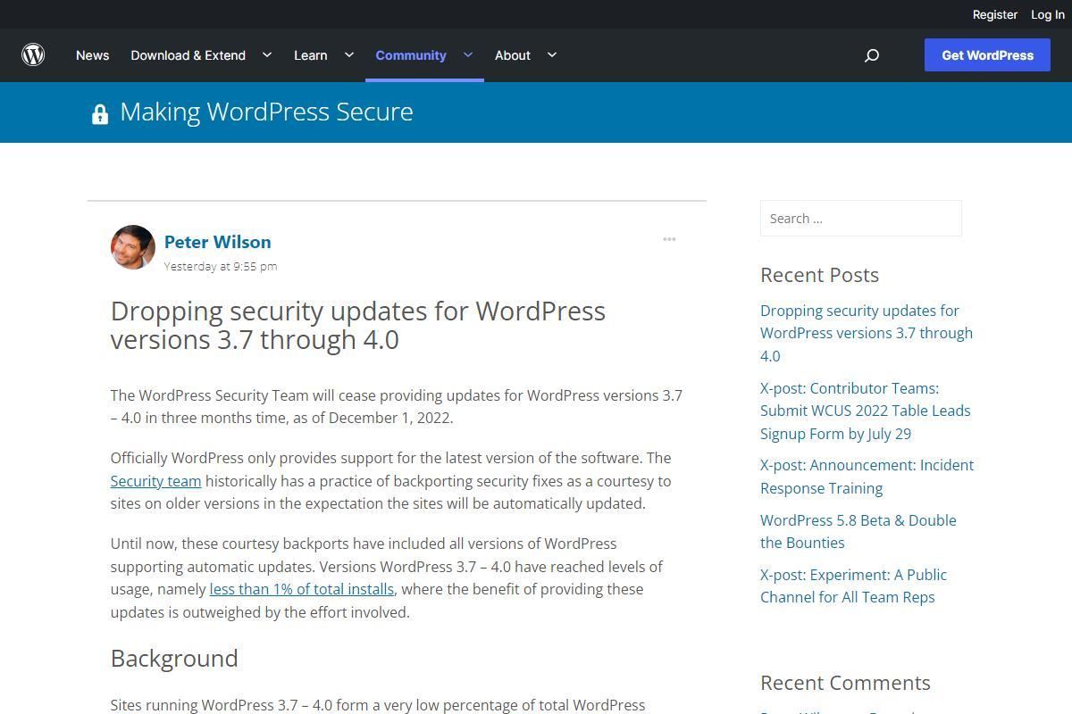 Dropping security updates for WordPress versions 3.7 through 4.0 – Making WordPress Secure