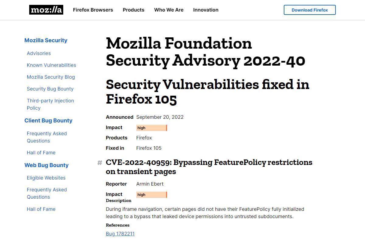 Security Vulnerabilities fixed in Firefox 105 — Mozilla