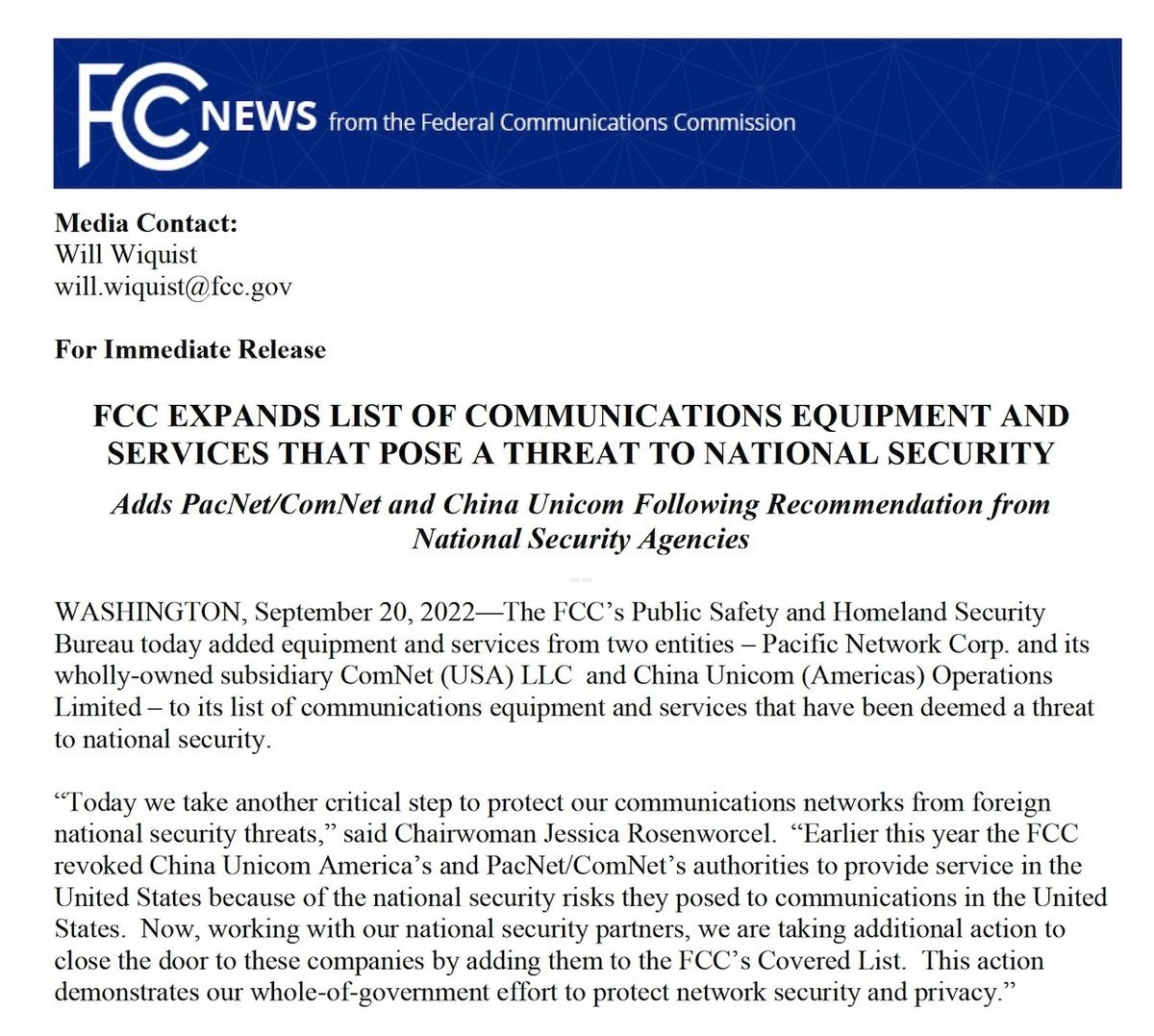 FCC Expands List of Communications Equipment and Services That Pose a Threat to National Security