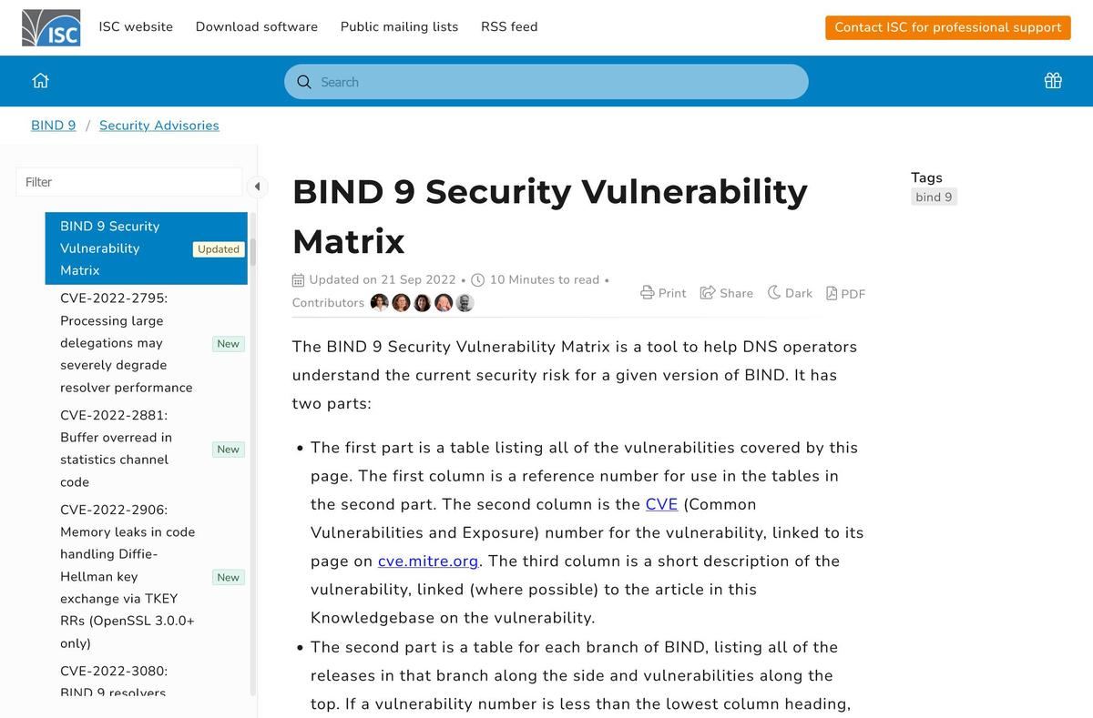 BIND 9 Security Vulnerability Matrix
