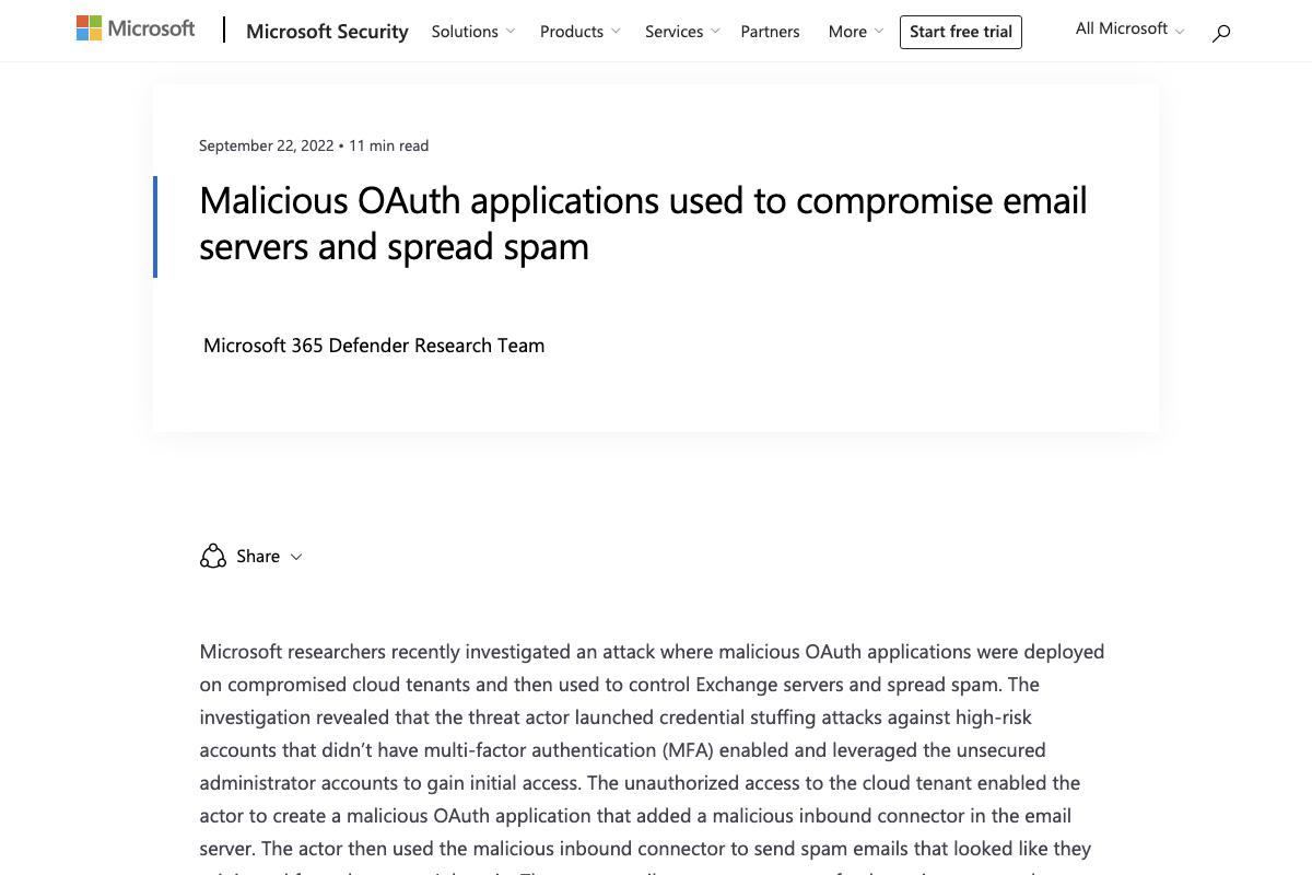Malicious OAuth applications used to compromise email servers and spread spam - Microsoft Security Blog