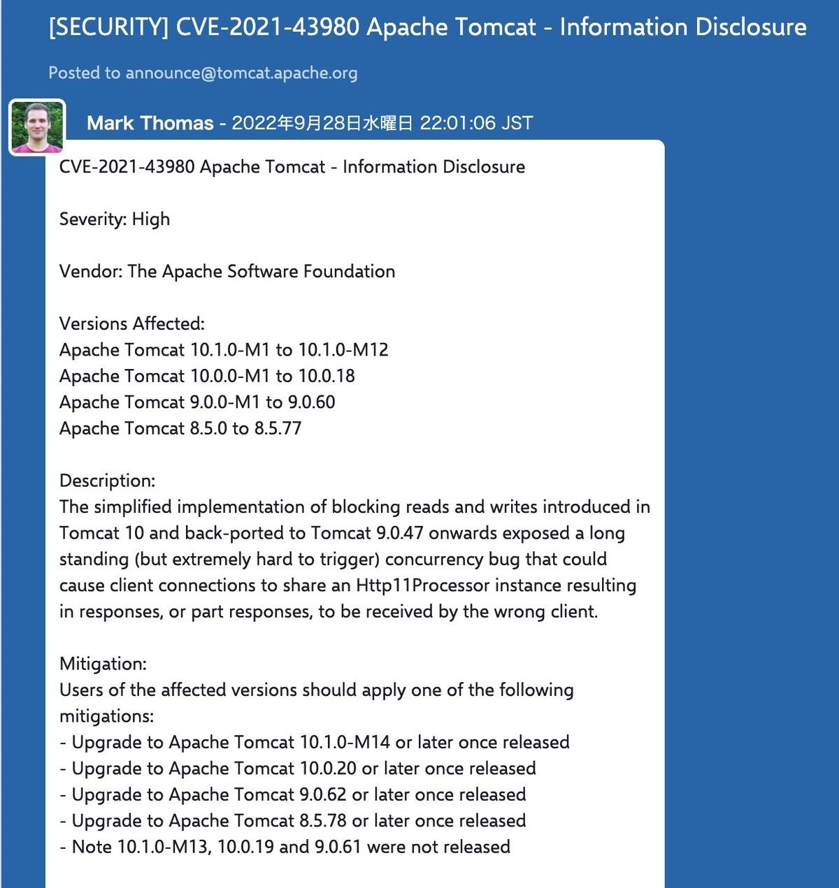 CVE-2021-43980 Apache Tomcat - Information Disclosure