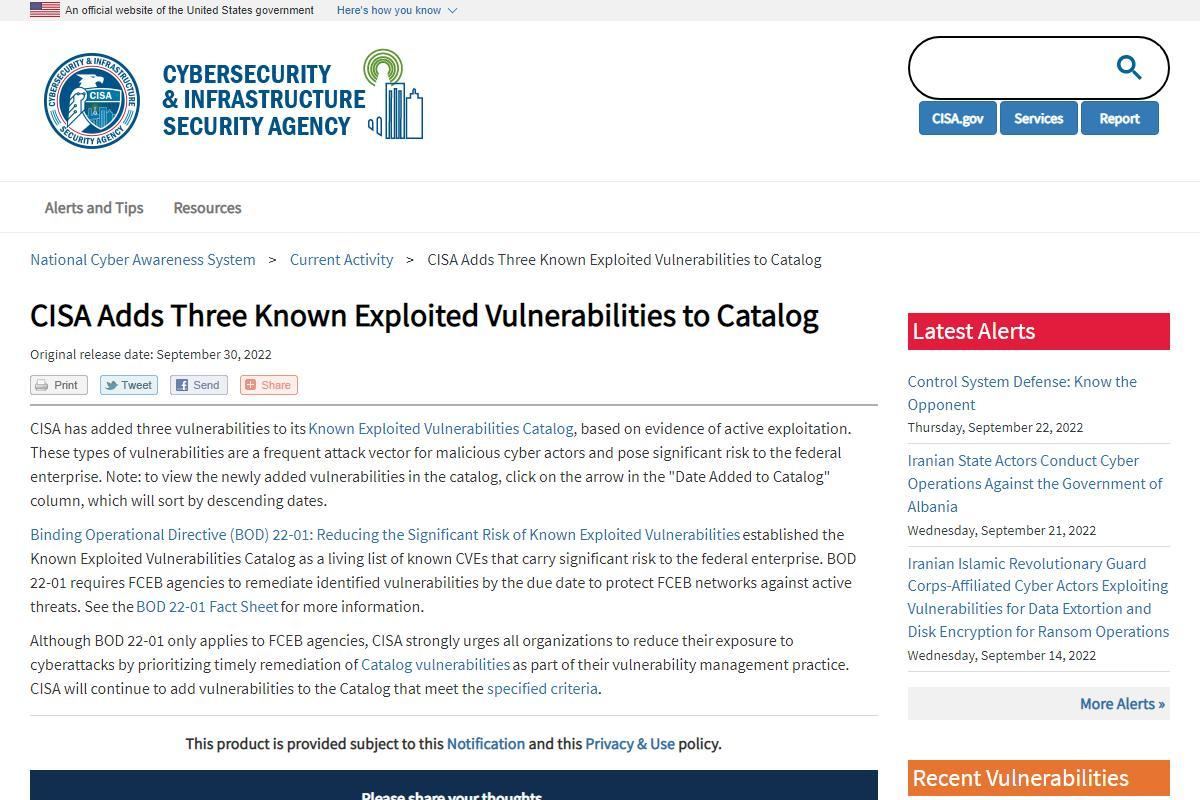 CISA Adds Three Known Exploited Vulnerabilities to Catalog｜CISA