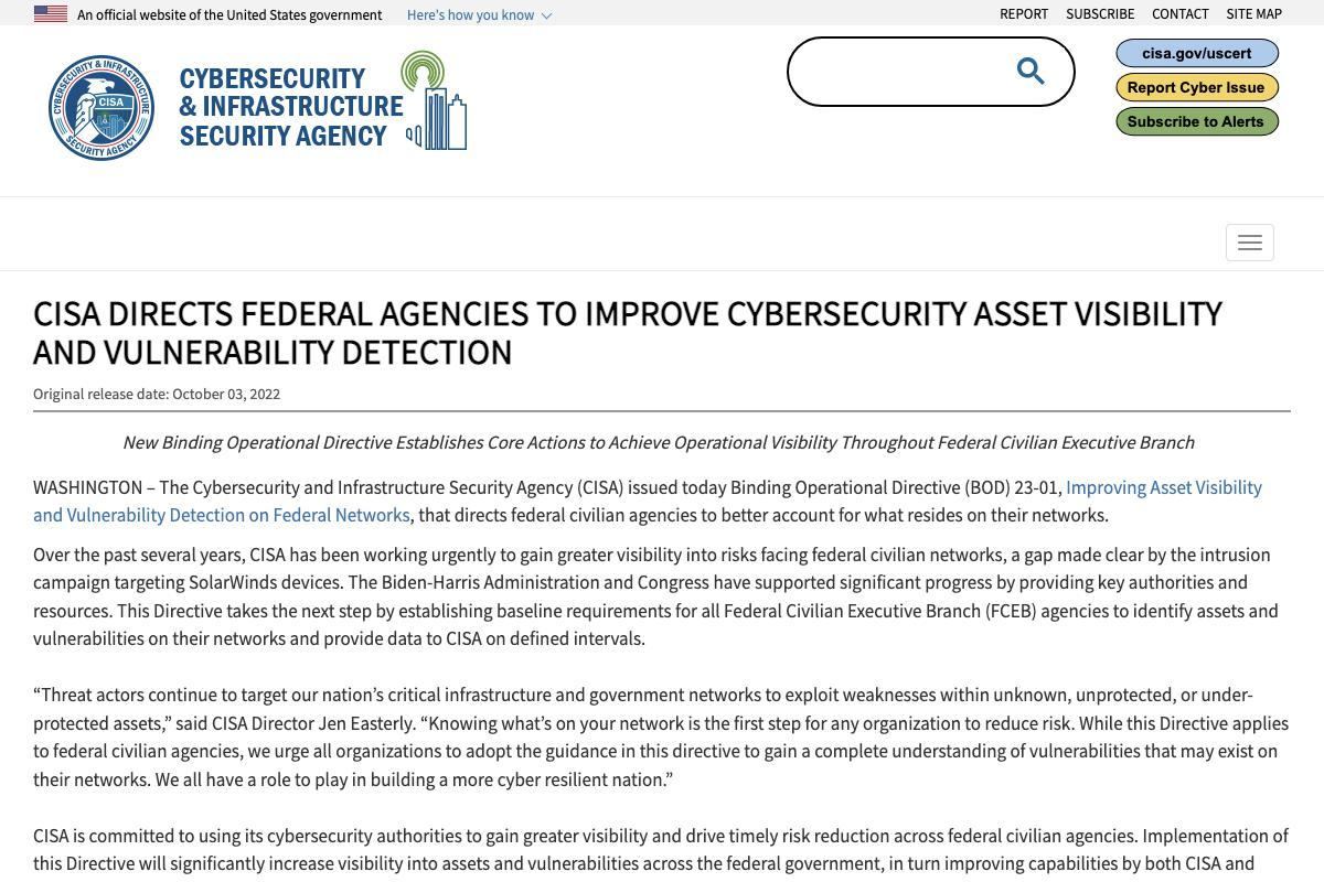 CISA Directs Federal Agencies to Improve Cybersecurity Asset Visibility and Vulnerability Detection｜CISA