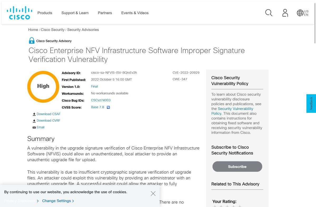 Cisco Enterprise NFV Infrastructure Software Improper Signature Verification Vulnerability