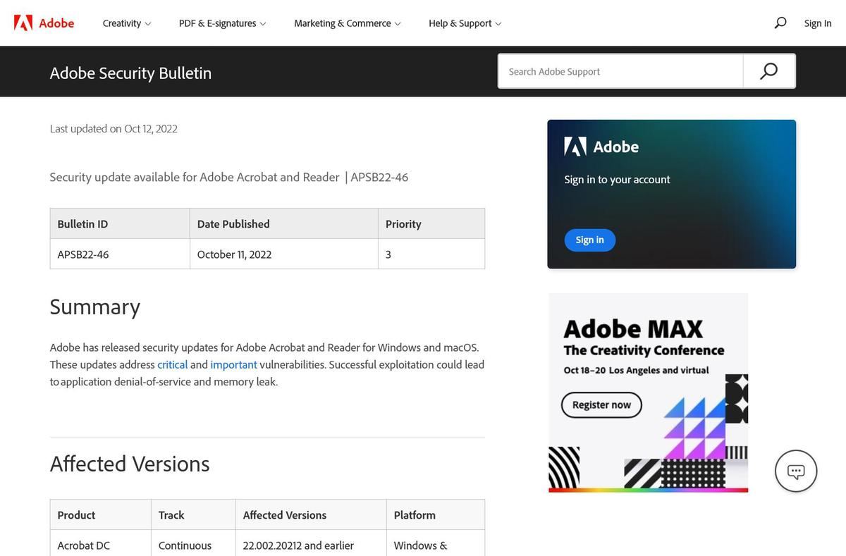 Security update available for Adobe Acrobat and Reader｜APSB22-46