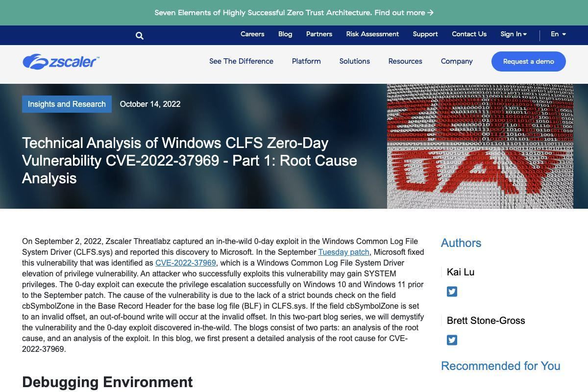 Technical Analysis of Windows CLFS Zero-Day Vulnerability CVE-2022-37969 - Part 1: Root Cause Analysis