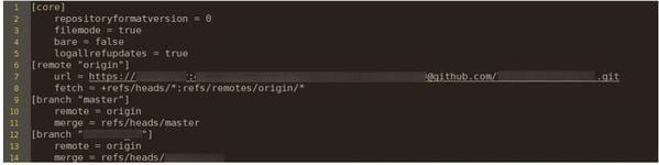 Screenshot shows .git/config file with credentials blurred out.｜Cybernews