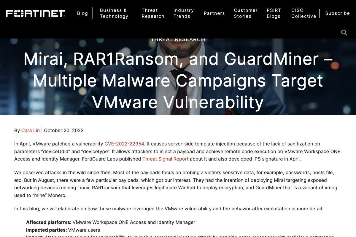 Mirai、RAR1Ransom、and GuardMiner – Multiple Malware Campaigns Target VMware Vulnerability