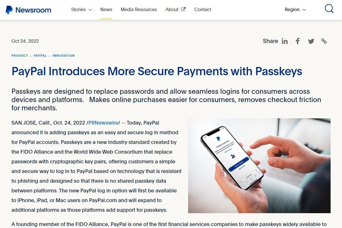 Press Release: PayPal Introduces More Secure Payments with Passkeys