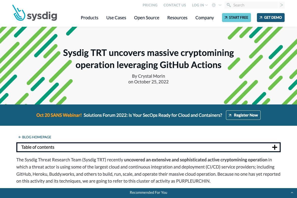 Sysdig TRT uncovers massive cryptomining operation leveraging GitHub Actions – Sysdig