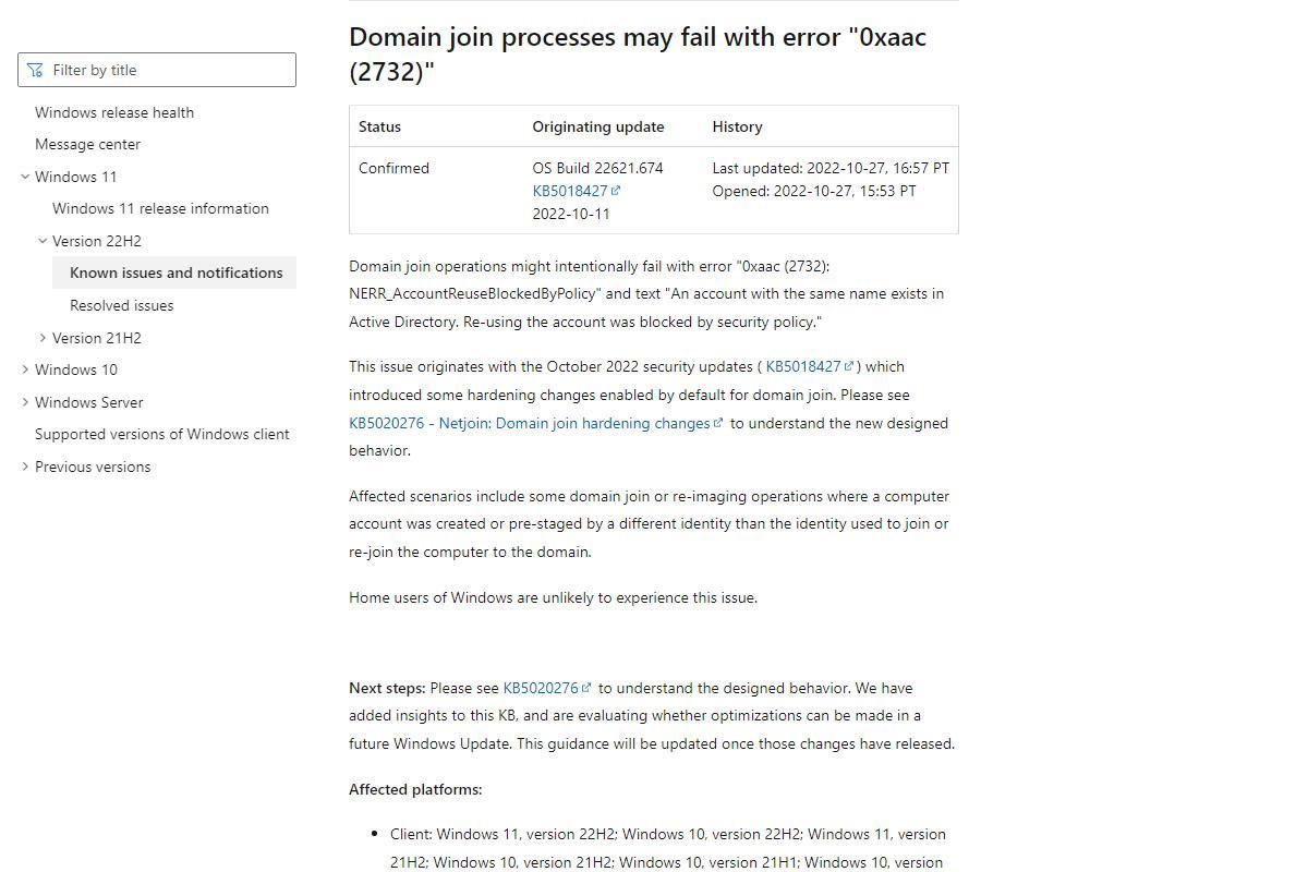 Windows 11、version 22H2 known issues and notifications｜Microsoft Learn