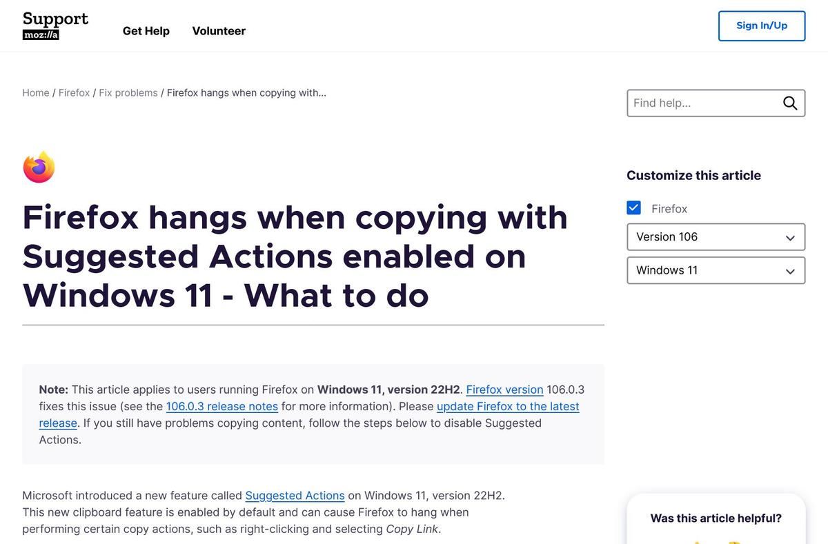   Firefox hangs when copying with Suggested Actions enabled on Windows 11 - What to do｜Firefox Help