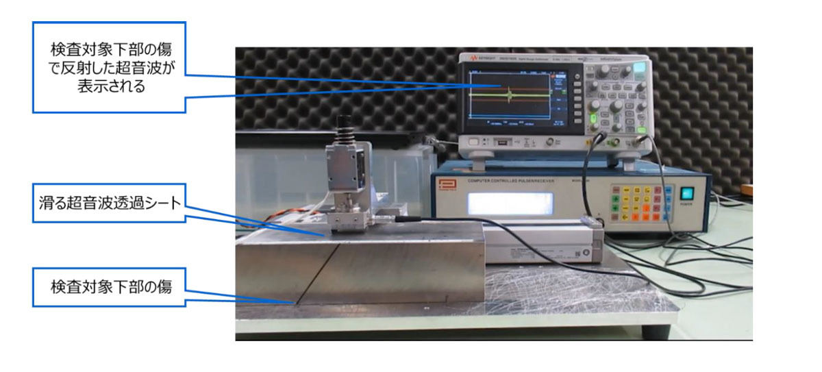 「滑る超音波透過シート」を用いた探傷実験の様子
