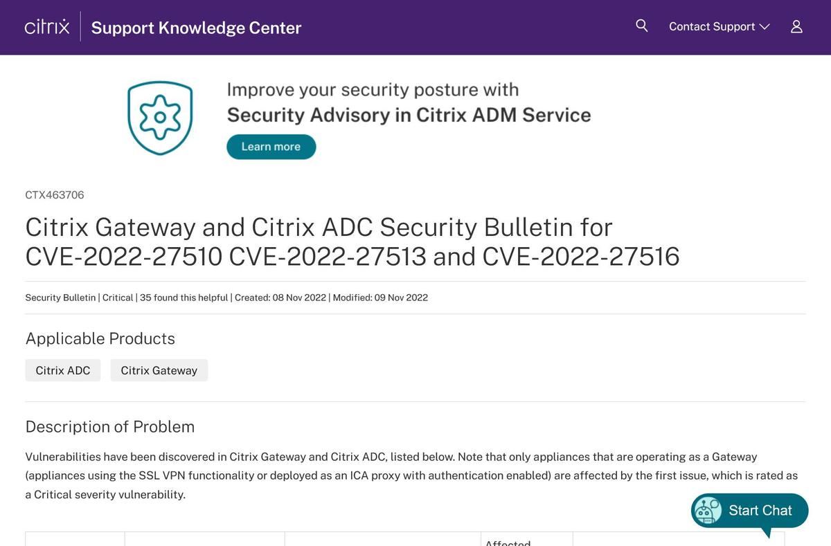 Citrix Gateway and Citrix ADC Security Bulletin for CVE-2022-27510 CVE-2022-27513 and CVE-2022-27516