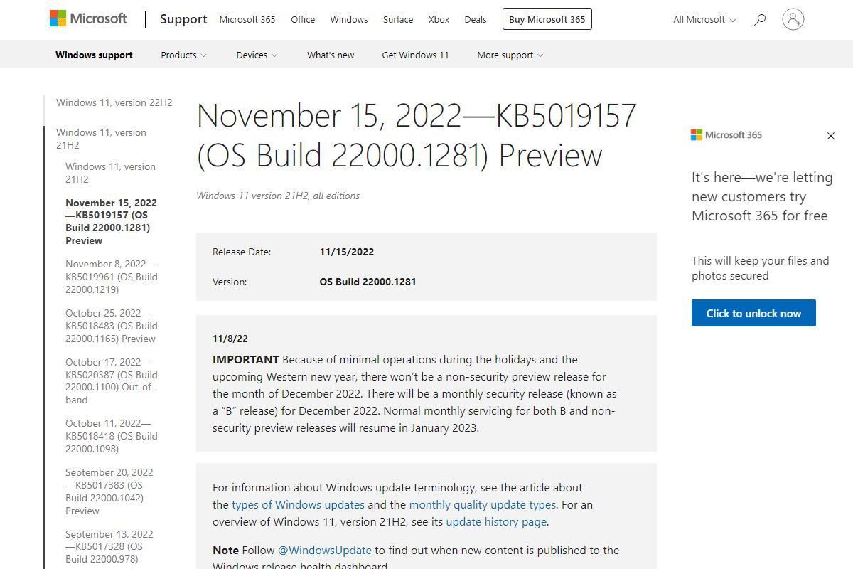 November 15、2022—KB5019157 (OS Build 22000.1281) Preview - Microsoft Support