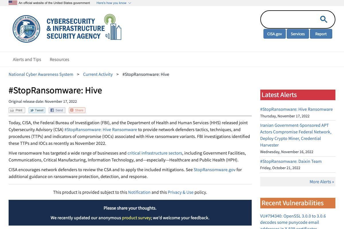 #StopRansomware: Hive｜CISA