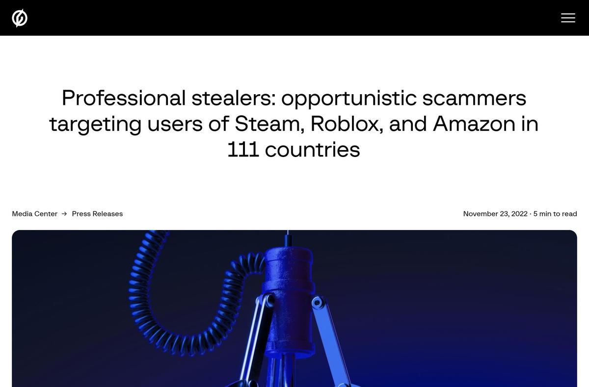 Professional stealers: opportunistic scammers targeting users of Steam、Roblox、and Amazon in 111 countries｜Group-IB