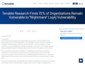 Tenable Research Finds 72% of Organizations Remain Vulnerable to “Nightmare” Log4j Vulnerability