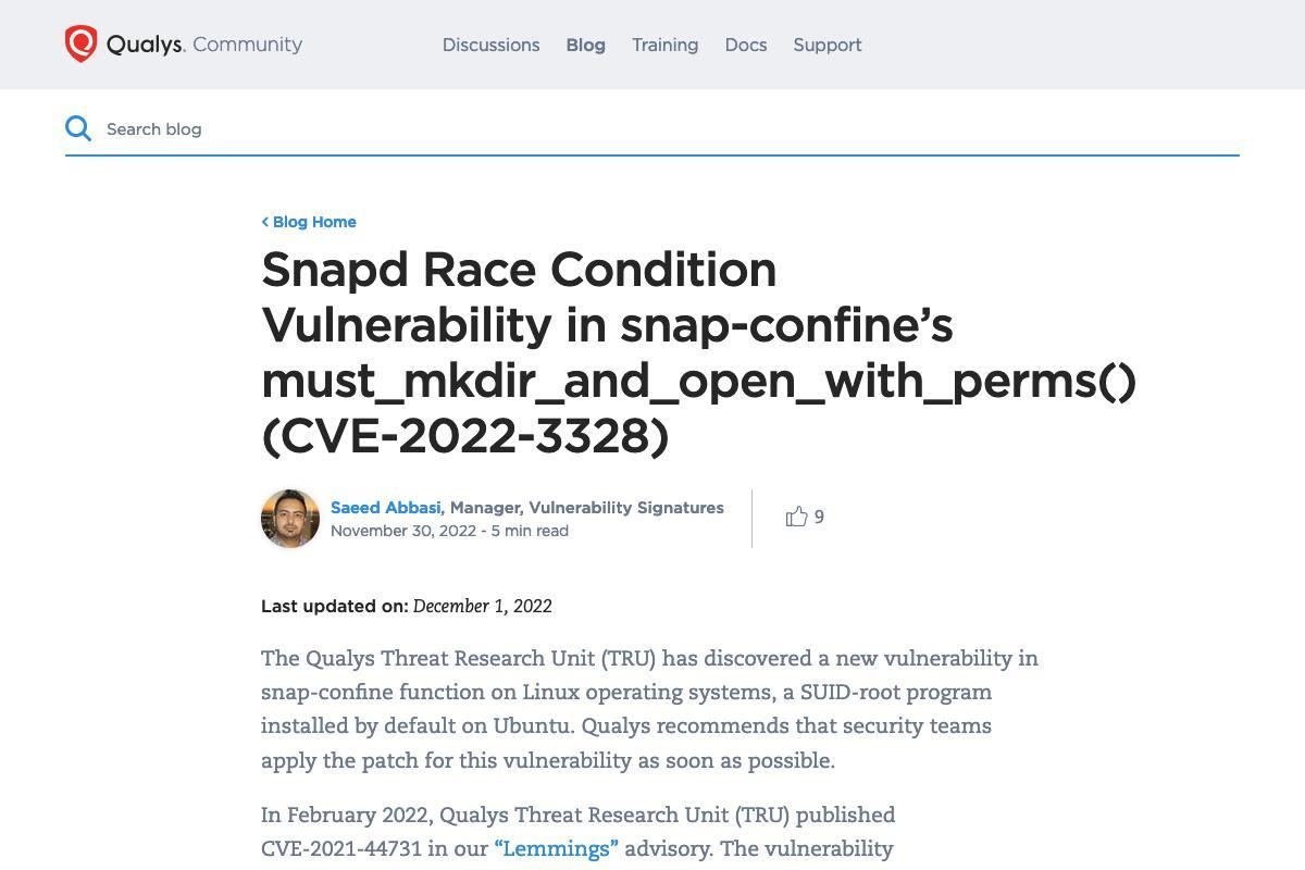 Snapd Race Condition Vulnerability in snap-confine’s must_mkdir_and_open_with_perms() (CVE-2022-3328)｜Qualys Security Blog