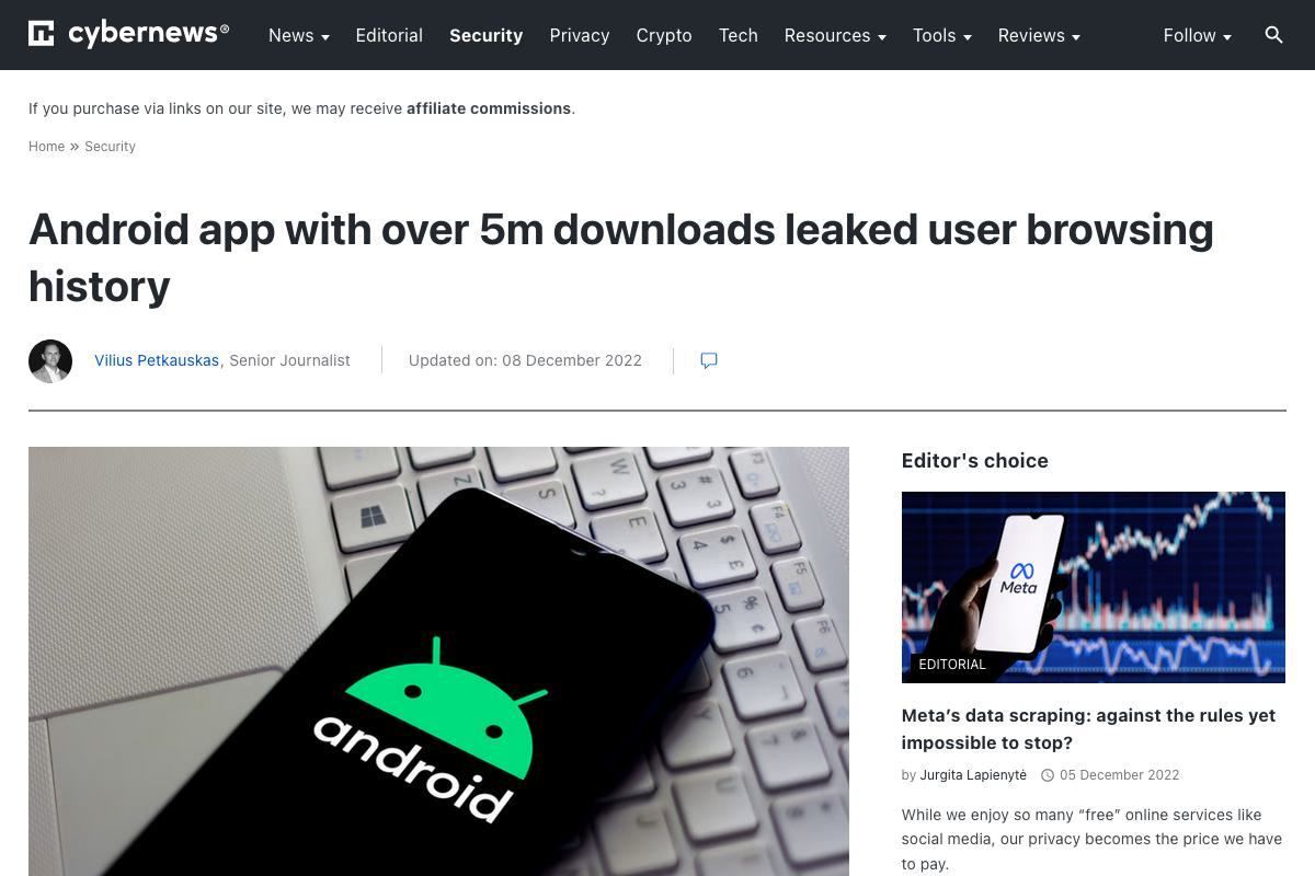 Android app with over 5m downloads leaked user browsing history｜Cybernews