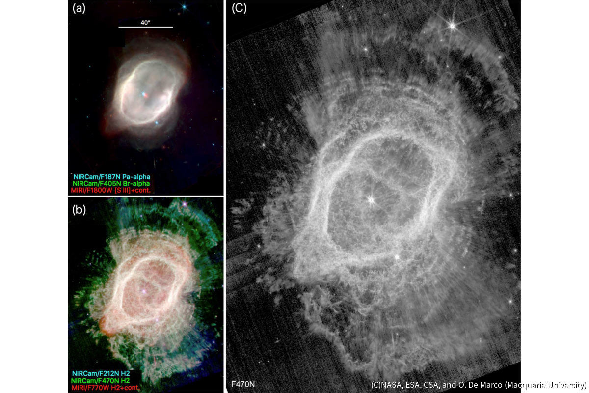 JWSTに搭載されているNIRCamとMIRIで撮影したNGC3132。(a)中央部に見える赤い点源が星雲の素となった中心星で、少なくとも2つ、最大で3つの星を伴った連星系である。(b・c)中性領域を赤外線波長からサブミリ波長で観測すると、さまざまな固体微粒子からの連続熱輻射と、水素分子などの分子からの輝線を見ることができる(C)NASA, ESA, CSA, and O. De Marco (Macquarie University)