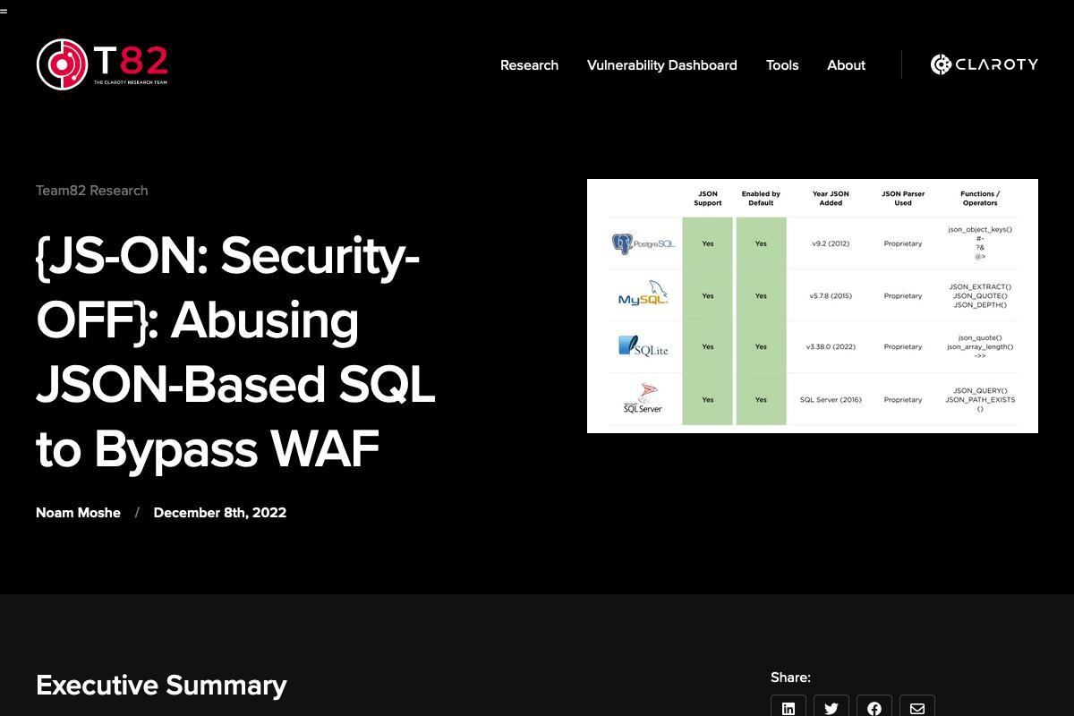 {JS-ON: Security-OFF}: Abusing JSON-Based SQL to Bypass WAF｜Claroty