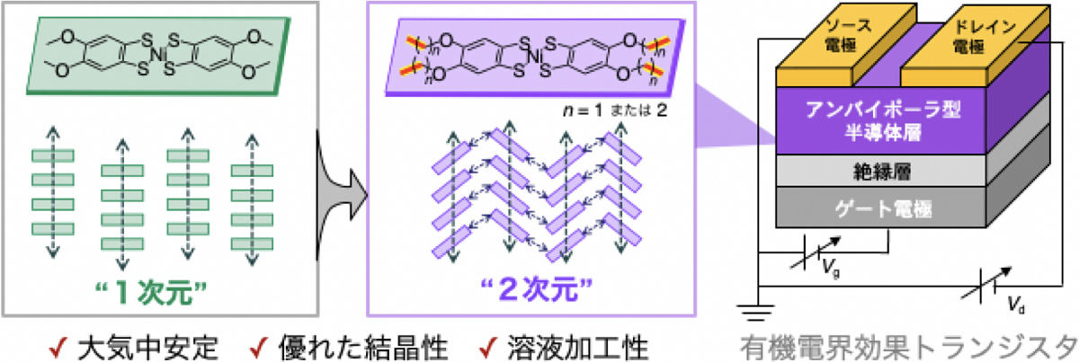 今回の研究で開発したd/π共役系分子の構造式と分子積層様式の模式図