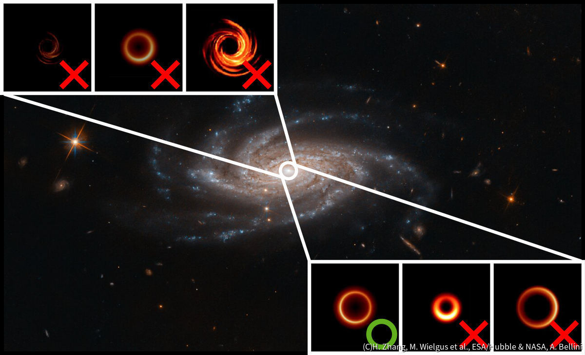 今回の研究の概念図。機械学習により、ブラックホールと母銀河の組み合わせを多数テストし、その中から実際の観測と最もよく一致する組み合わせが選ばれていった