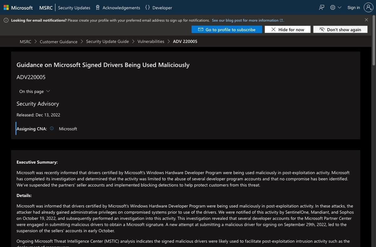 Guidance on Microsoft Signed Drivers Being Used Maliciously - Microsoft