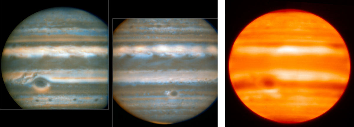 木星の赤外線画像。(左・2点)2016年2月と3月にVLTで撮影された、波長8.6μmと10.7μmの画像を合成したもの。青っぽい部分は寒くて雲がなく、オレンジ色の部分は暖かく曇っている。(右)COMICSで2019年に撮影された波長8μmの画像