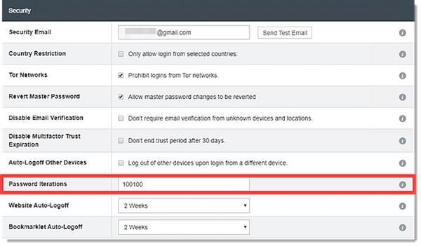 マスタパスワードのPBKDF2反復回数の設定（引用: LastPass）